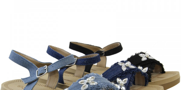 Women Denim Stylish Sandals With Flower Rhinestone Decor